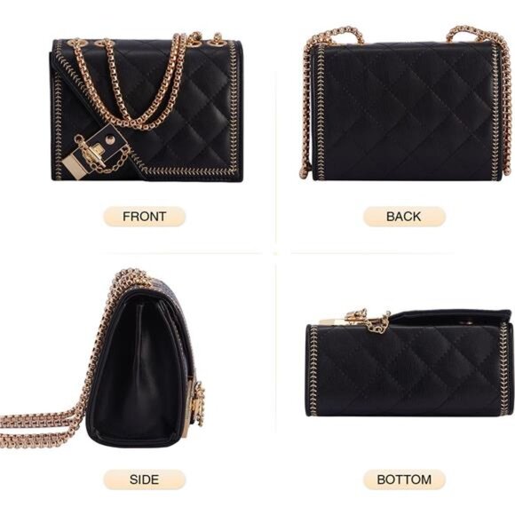 Quilted Crossbody Bag Black Vegan Leather Shoulder Bag Fashion Chain Small Purse - Picture 6 of 9